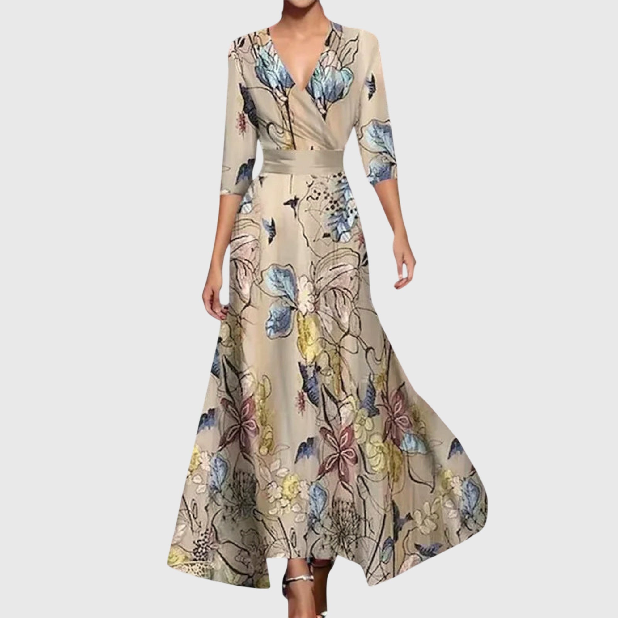 Beige dress with floral pattern on a white background