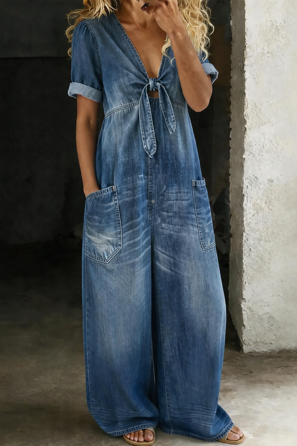 Opalcrest Front-Tie Denim Jumpsuit