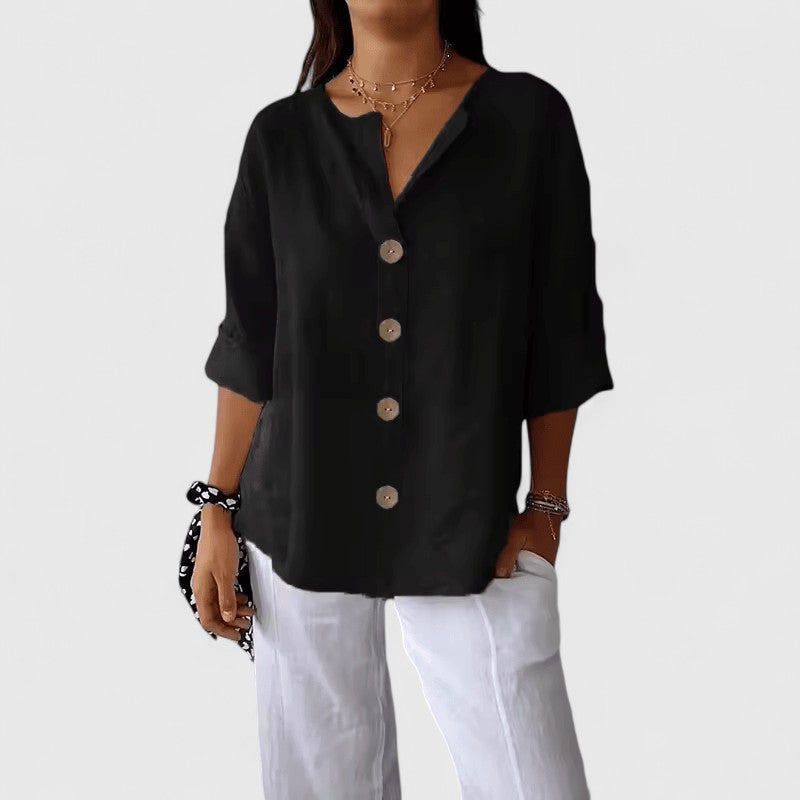 Sierra Collarless Roll-Tab Button Blouse