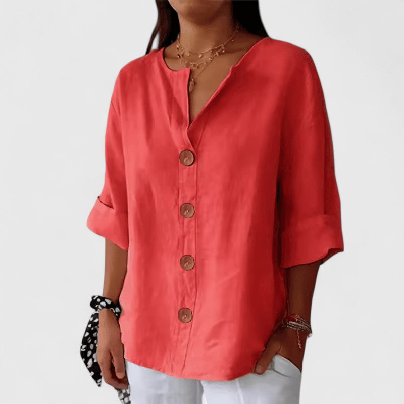 Sierra Collarless Roll-Tab Button Blouse