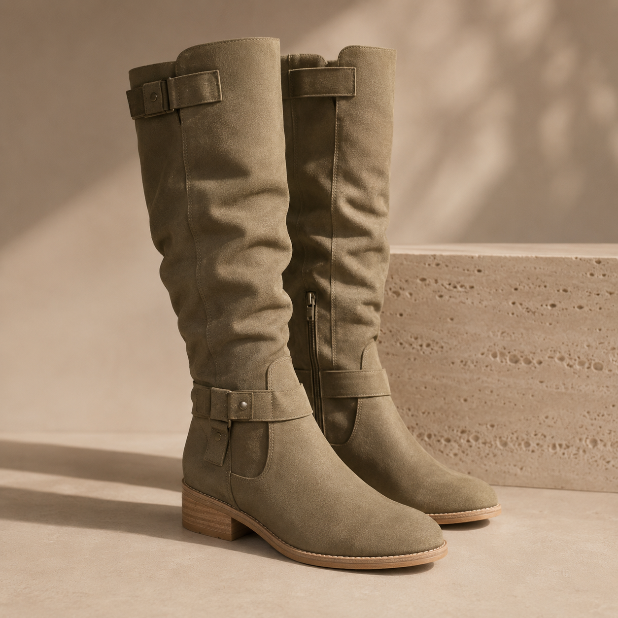 Pair of green knee-high boots with buckles on a beige background