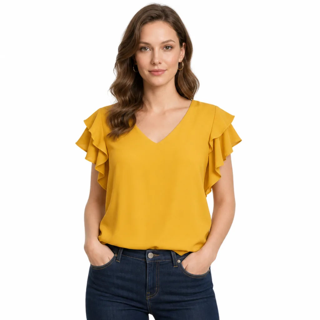 Selene Flutter-Sleeve Chiffon Blouse