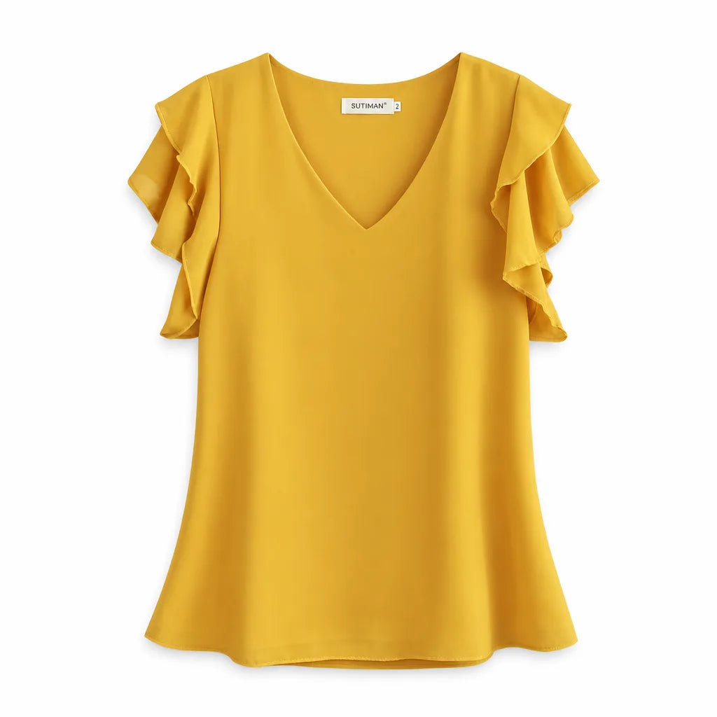 Selene Flutter-Sleeve Chiffon Blouse